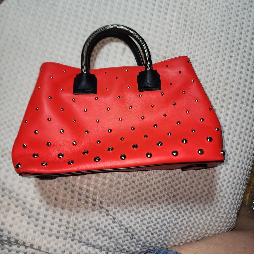 MILL STUDDED RED LEATHER CROSSBODY SATCHEL BAG - Picture 7 of 10